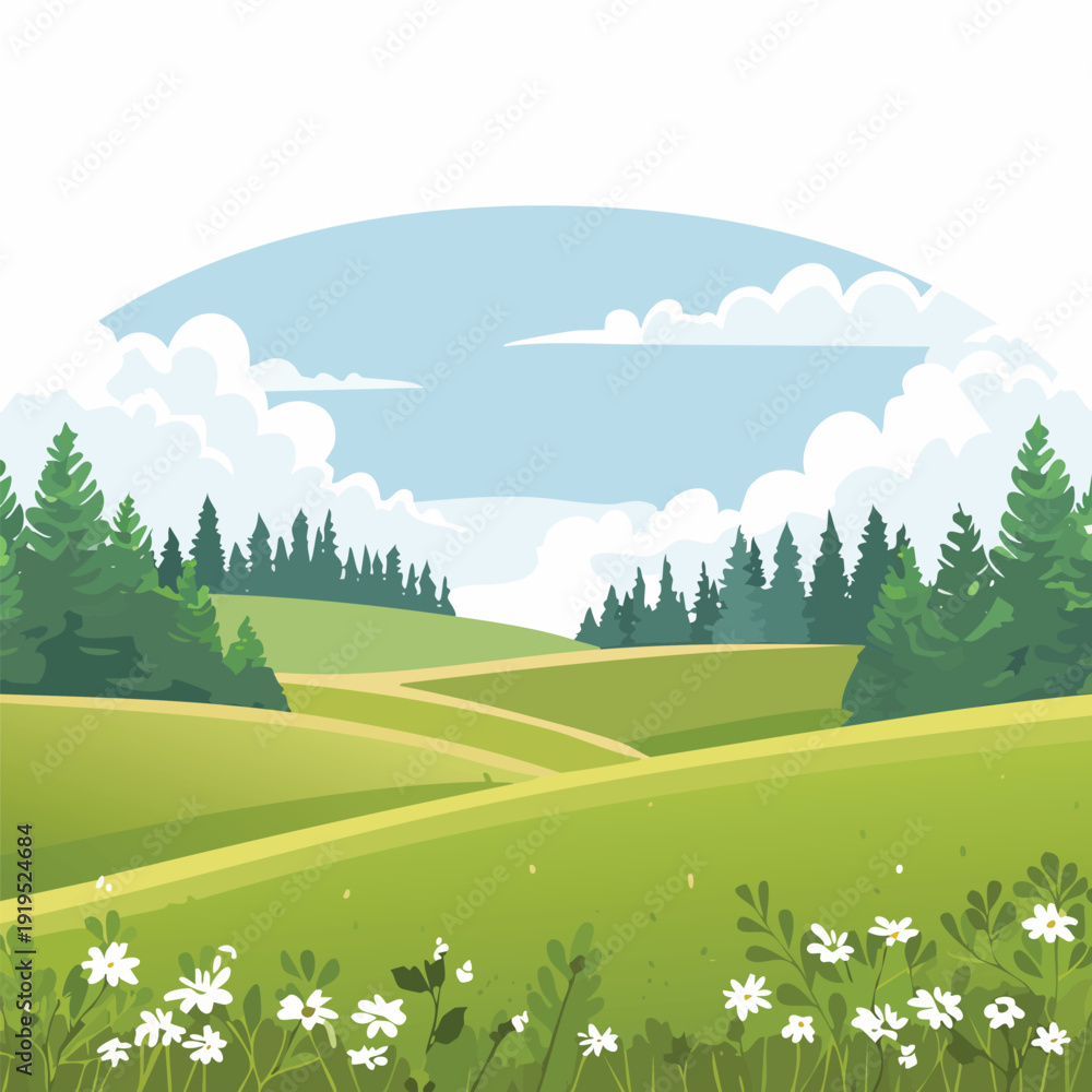 Fototapeta premium Cartoon landscape with green hills trees and a bright blue sky