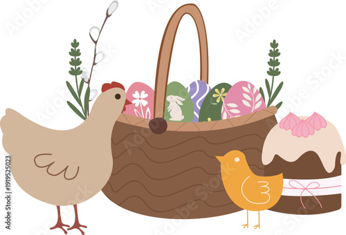 Easter Basket with Decorated Eggs, Hen, Chick and Easter Cake Isolated on Transparent Background – Spring Vector Illustration. Cute vector festive element.