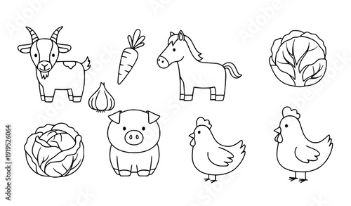 Cute doodle farm animals and vegetables line icon set with goat horse pig chicken and organic produce vector