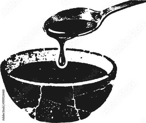 dripping honey from spoon into rustic bowl sweet natural syrup pouring slowly and thick liquid texture