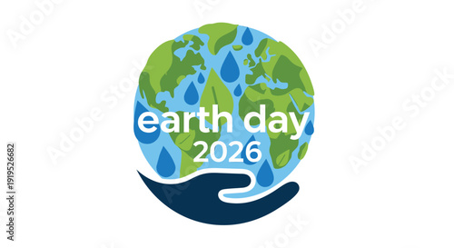 Earth Day 2026 eco-friendly vector icon with globe and hand, symbolizing environmental protection and sustainability.