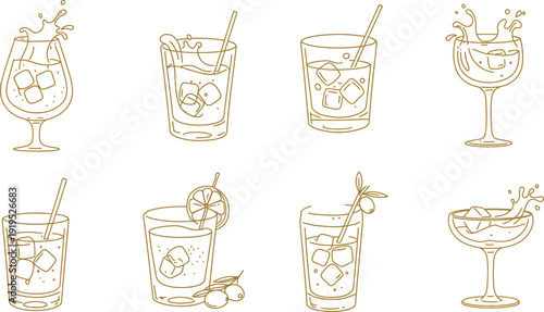 Eight different illustrations of various cocktail glasses with straws and garnishes on a white background