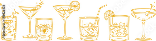 Collection of various elegant cocktail glasses and tumblers on white background in yellow line art style