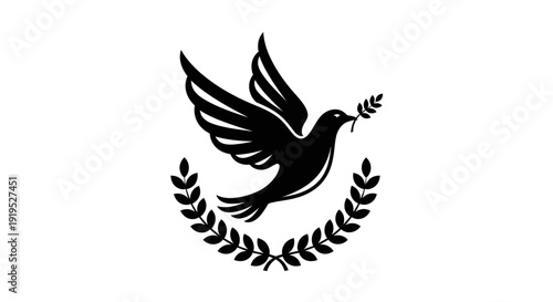 Flying dove with olive branch emblem