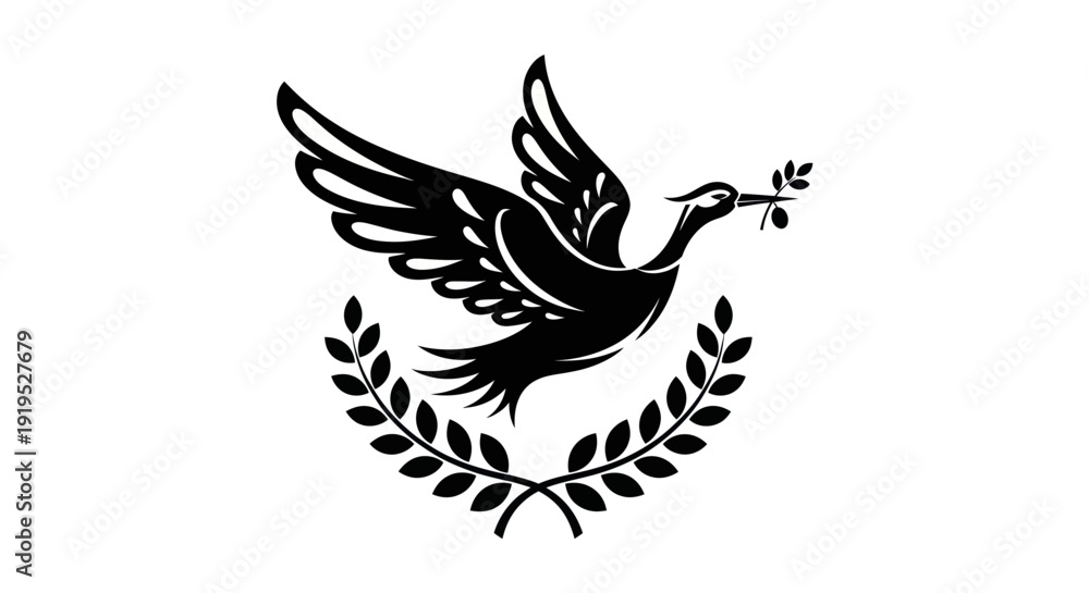 Obraz premium Flying dove with olive branch emblem