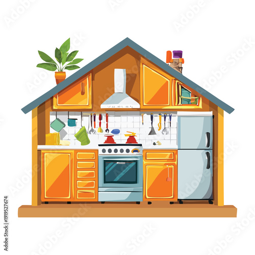 Cartoon kitchen illustration with appliances and utensils