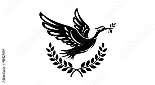 Flying dove with olive branch emblem