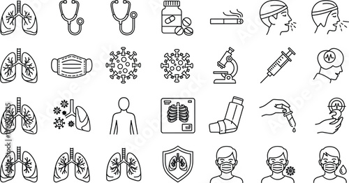 Respiratory healthcare line icons, lung disease prevention symbols, medical protection elements, minimal outline vector set, clinical treatment collection illustration