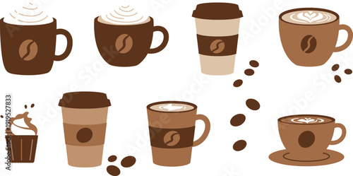 Various coffee drinks and coffee beans on a plain white background in a digital illustration