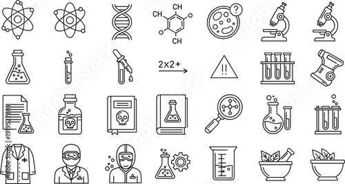 Science laboratory line icons set featuring microscope dna atom chemistry experiment research biology minimal outline vector collection design modern educational