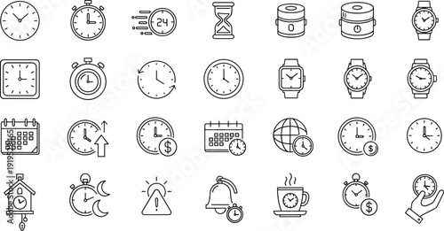 Time clock line icons, schedule stopwatch symbols, minimal outline vector set, timer management collection, productivity planning interface elements