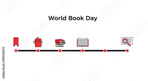 World Book Day icon set. Includes bookmark, book, reading, literature and search icons. Created in simple vector style with red and black color palette.