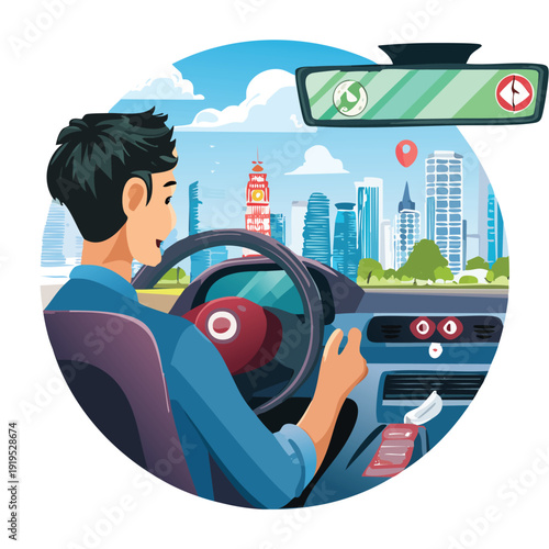 Driver navigating city streets with gps