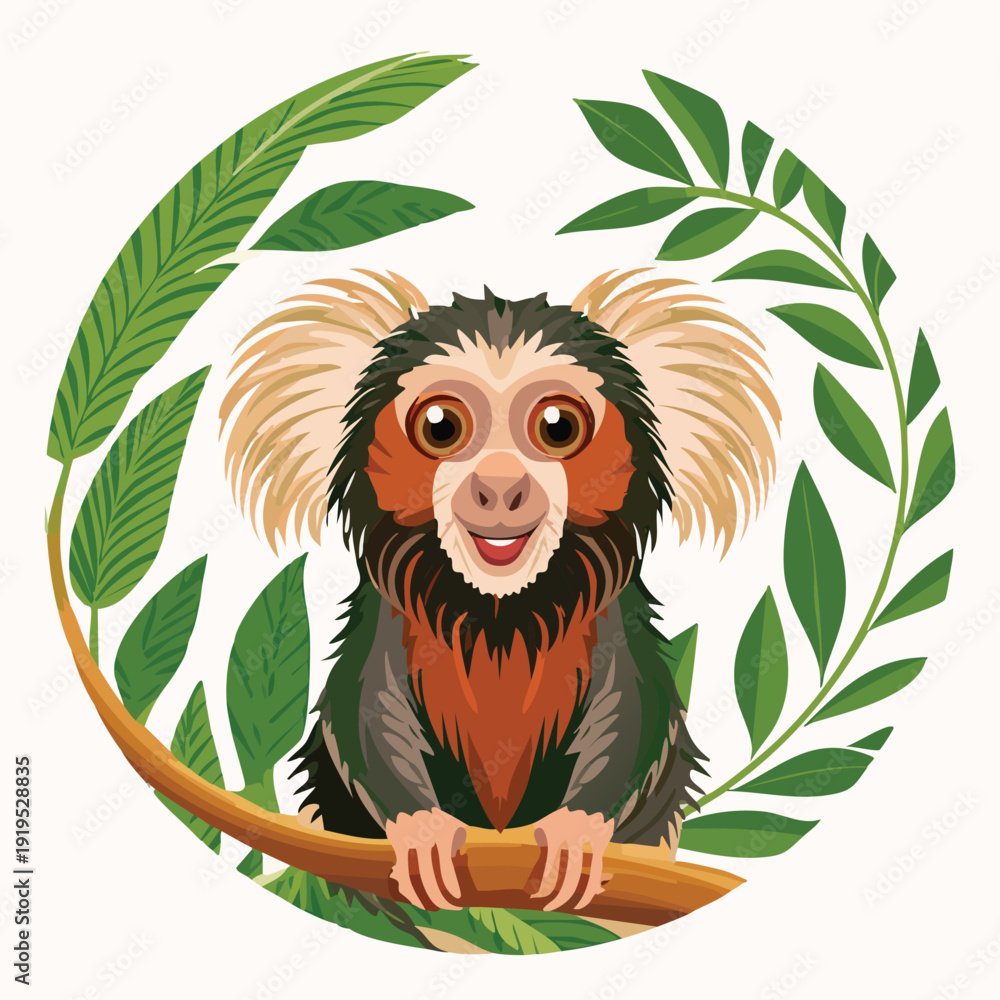Ταπετσαρία Cartoon marmoset monkey surrounded by leaves on white