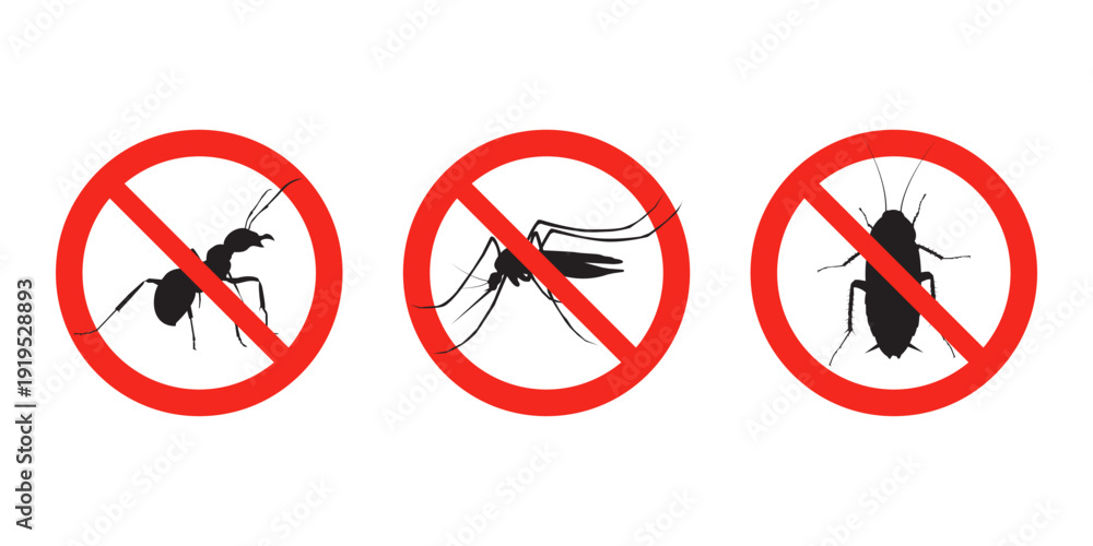 Ταπετσαρία set of prohibition signs with ant, mosquito, and cockroach silhouettes crossed out in red circles