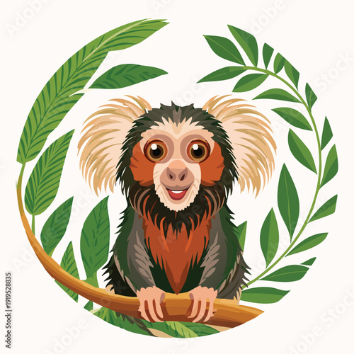 Tableau sur toile Cartoon marmoset monkey surrounded by leaves on white
