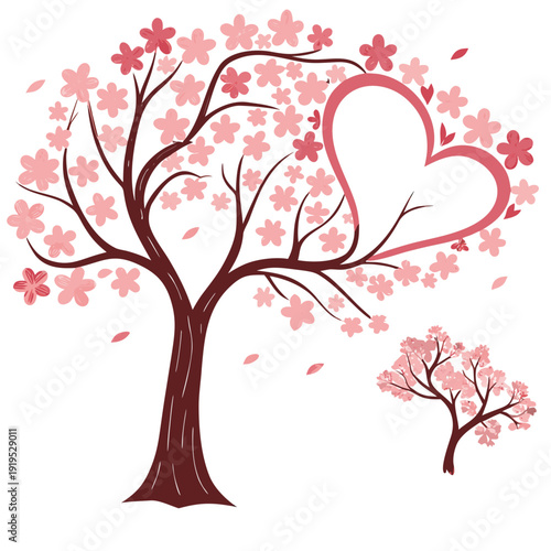 detailed realistic digital illustration, highly detailed intricate tree with heart-shaped leaves, delicate pink and red petals, beautiful autumn landscape, romantic nature scene, dynamic atmospheric l