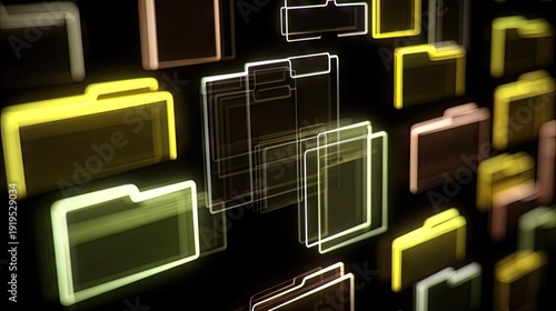 Numerous glowing digital document containers float across a dark background in a stylized presentation.