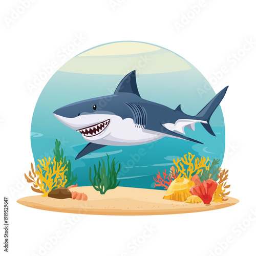 Cartoon shark swimming among coral and underwater plants
