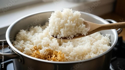 Fluffy white cooked rice with crispy fried garlic being served with a wooden spoon from a pot in a kitchen setting.