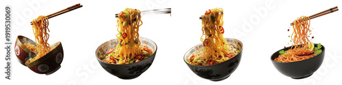 Obraz na płótnie Instant Ramen Noodle PNG Set, Flying Noodles with Chopsticks Isolated on White,