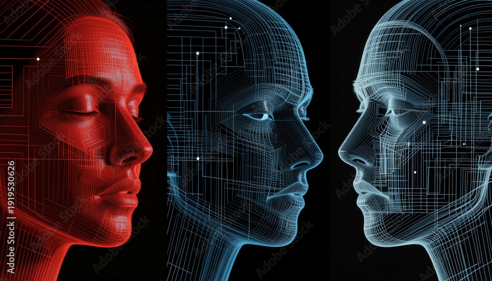 Obraz premium Three futuristic faces overlaid with glowing circuitry grids exploring AI consciousness