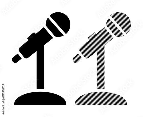 Two microphones on stands, one solid black and one gray halftone pattern