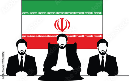 Iranian official illustration featuring leader in traditional attire with national banner