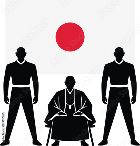 Japanese leader in traditional clothing sitting with guards near flag