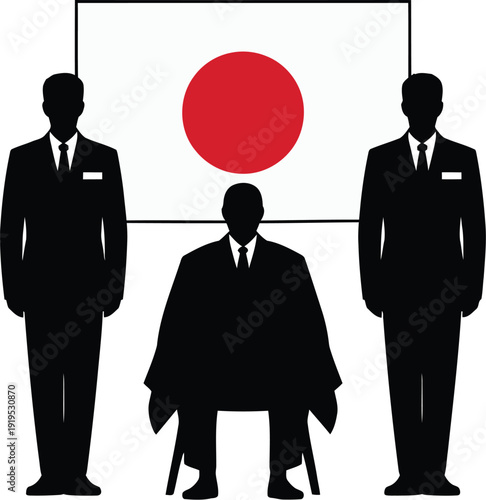 Japanese official silhouette sitting on chair with guards and national flag background