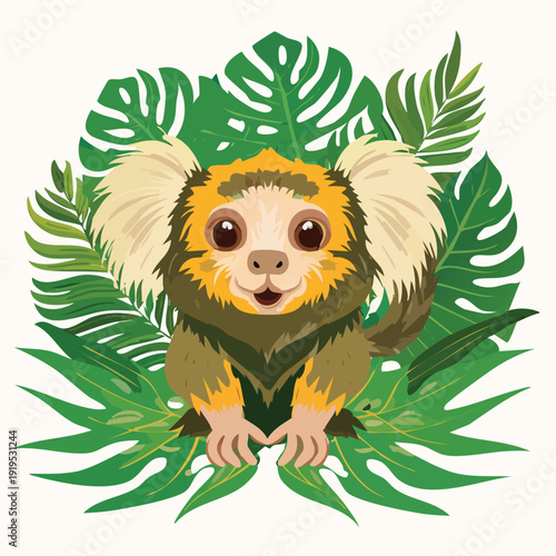 Cartoon primate surrounded by lush green tropical foliage