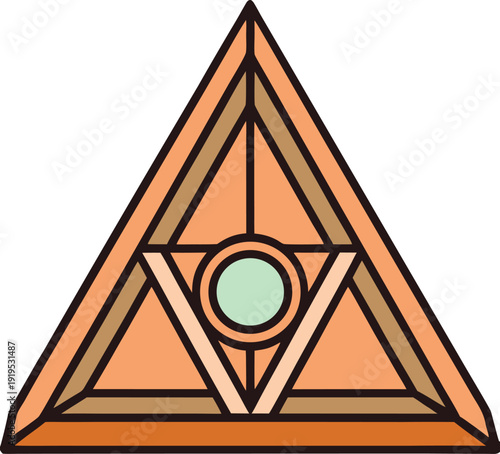 Geometric triangle with internal structure and a central circular rendered in warm orange and brown tones, abstract, concept