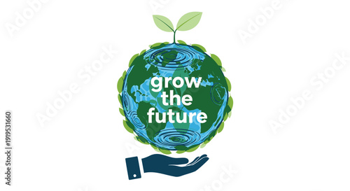 Eco friendly icon with hand holding earth and green sprout, grow the future symbol. Isolated on transparent background.