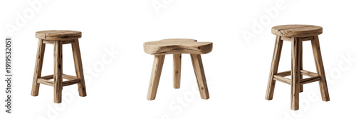 Rustic Wooden Stool Set, Vintage Timber Round Chair PNG, Farmhouse Furniture Elements, Transparent Background PNG