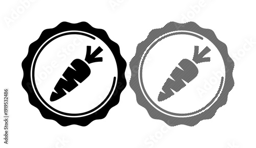 Two simple icons featuring a carrot inside a circular badge, one black and white, the other grayscale.