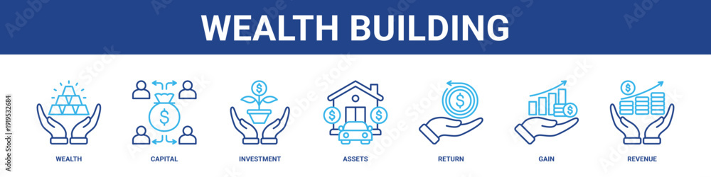 Foto Wealth Building web banner icon set collection solid style.