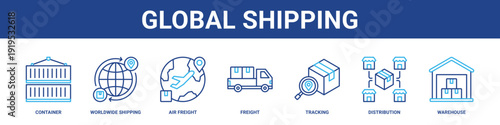 Global Shipping web banner icon set collection solid style.