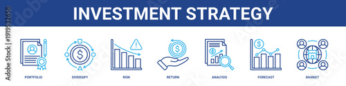 Investment Strategy web banner icon set collection solid style.