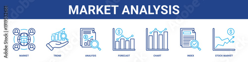 Market Analysis web banner icon set collection solid style.