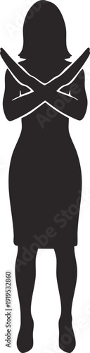 Confident young woman crossing her arms in an X shape, saying NO