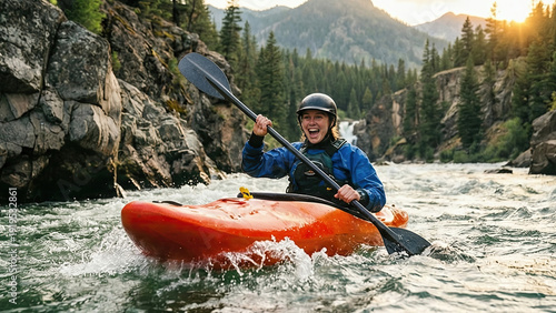 Woman kayaking on wild mountain river in scenic nature, adventure travel, outdoor exploration, action water sport, thrill and excitement.