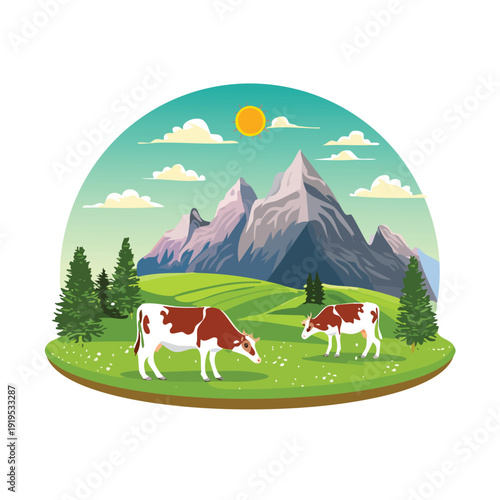 Cows grazing in a pastoral landscape with mountains and sun