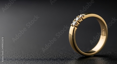 Close-up of a gold ring with small diamonds on a dark grey background