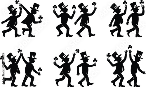 St. Patrick's Day leprechaun silhouettes dancing and holding shamrocks, festive Irish folklore characters for holiday celebration and lucky clover design concepts.
