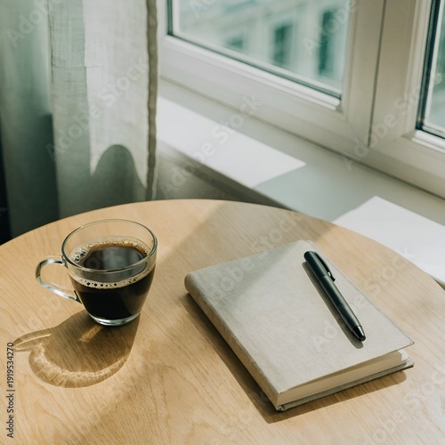 cup of cofee and notebook on the table, aesthetic view