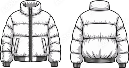 Front and back view of white puffer jacket illustration, winter padded coat mockup, insulated zip-up outerwear design, realistic vector fashion template