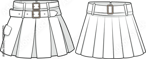 Pleated A-Line Mini Skirt with Double Belt Buckle and Side Pocket, Front and Back View Fashion Technical Flat Sketch Illustration