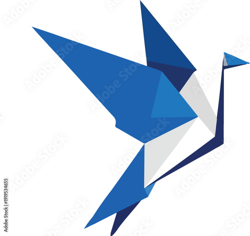 Minimalist Blue Origami Bird Flying Icon - Geometric Paper Crane Logo, Abstract Freedom and Growth Vector