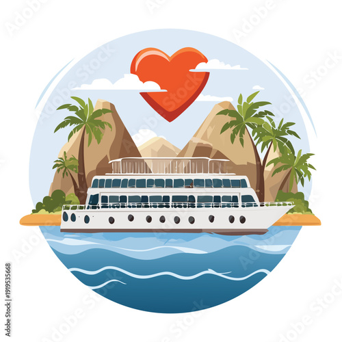 Cruise ship sailing with love symbol and island background