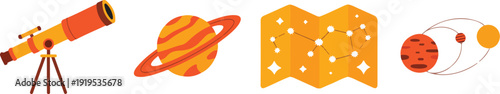 Astronomy Outline Icon Set  Telescope, Planet, Star Map and Solar System
